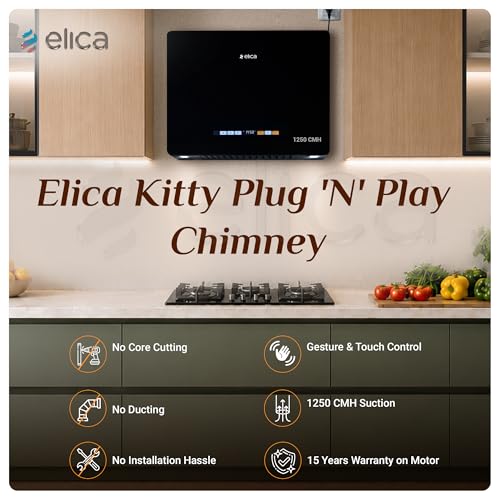 Image of Elica Kitty Plug N Play 60cm 1250 m3 /hr Ductless Autoclean Kitchen Chimney | Baffle + Air Recycle Filter | 15 Year Motor + 2 Yr Filter Warranty| 3-way Suction| 48db| RPM Display| Touch + Motion Sensor