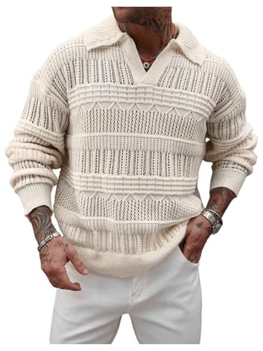 Men's Sheer Crochet Sweater See Through Long Sleeve Knit Collar V Neck Pullover Tops