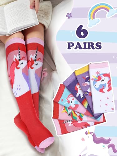 Fourluoo 6 Pairs Kids Girls Knee High Socks Cotton Unicorn Long Boot Socks Cute Animal Pattern Long Tube Sock for Girls4