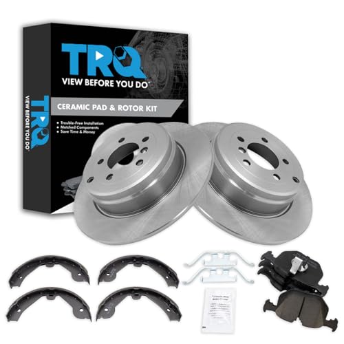 Image of TRQ Rear Brake Pad and Rotor Set Ceramic Parking Brake Shoe Compatible with 2003-2005 Land Rover Range Rover