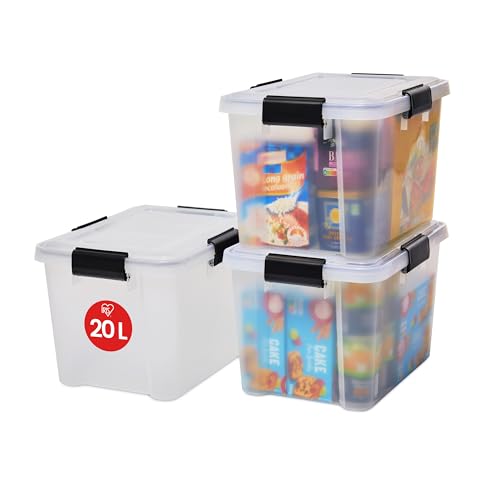 Iris Ohyama 3 Cajas herméticas de plástico con tapa y cierres a presión, 20L, Transparente, sello impermeable, apilables, antipolvo, para ropas, camping, exteriores, cubo de almacenaje, box, AT-SD