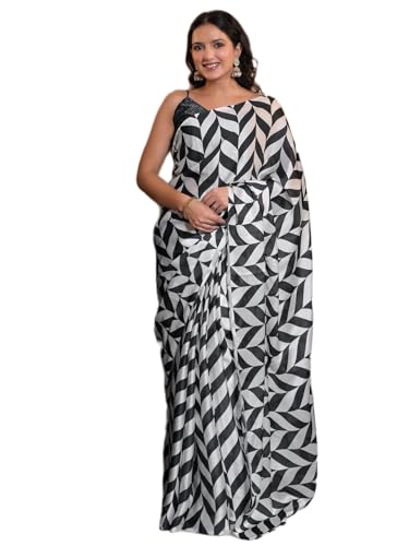 Image of Satrani Women's Satin Printed Saree with Unstitched Blouse Piece
