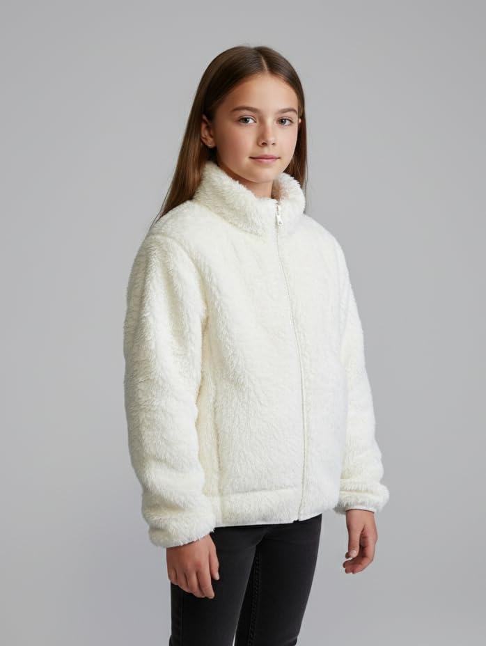 Alan Jones Clothing Girls Furry Fleece Full-Zip Jacket Off-White - Image 3