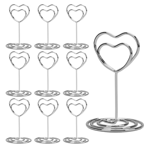 10Pcs Table Number Holders 2 Inch Mini Place Card Holders Short Photo Stands Photo Clip Holder Stand for Wedding Party Christmas Graduation Restaurant Office Home Decorations Memo (Heart Silver)