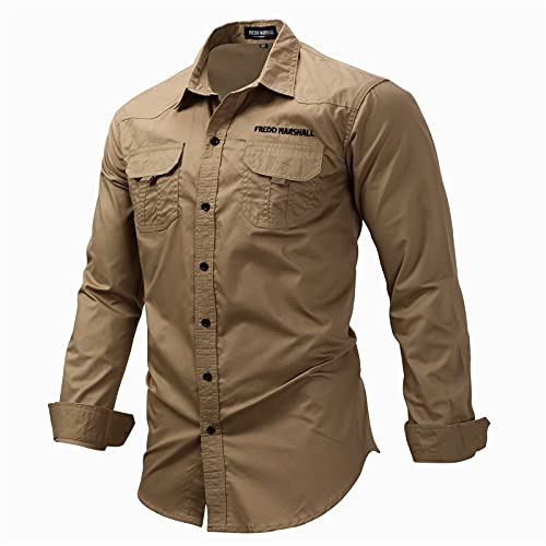 WSLCN Camisas Sociais Masculinas de Botão Casual de Manga Comprida Tamanho Normal Cáqui GG