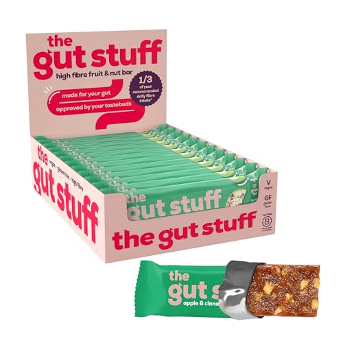 The Gut Stuff High Fibre Fruit & Nut Bars Gut Friendly Snack Gluten Free Vegan Low Calorie Healthy Snacks - 12 Bars - Apple & Cinnamon Flavour