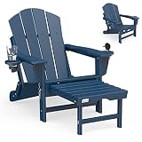 Mdeam Folding Adirondack Chair with Retractable Ottoman, HDPE All-Weather Fire Pit Chair with 2 Cup Holders, Outdoor Chair for Deck Patio Garden Backyard Lawn (Navy Blue)