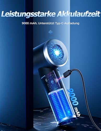 Druckluft Staubgebläse, 100000 RPM Druckluftspray mit 9000mAh Akku, Elektrische Staubgebläse, 3 Geschwindigkeiten PC Reinigungsset mit LED-Leuchten für Sofa und Auto Reinigung
