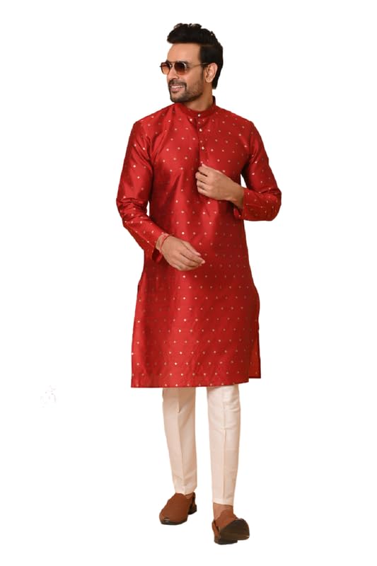 RICHART Kurta for Men Red Jacquard Silk Kurta Set with Motif and Off White Bottom