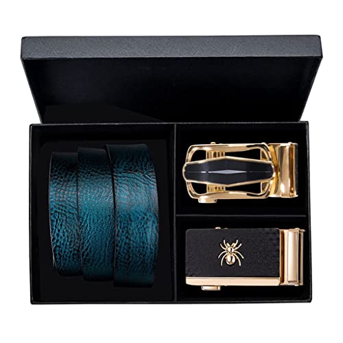 Men's Belt for Jeans Casual Cowboy Strap 100% Boxed Automatic Buckle Belts Blue Leather (Color : As Shown, Size : 120cm) (As Shown 110cm)