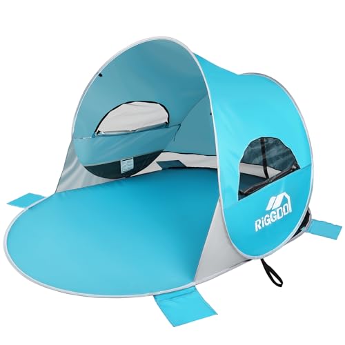 Riggoo Strandmuschel Pop-Up Strandzelt mit UV-Schutz 50+, 3-4 Personen Zelt, Tragbar Windschutz & Sonnenschutz Wurfzelt Sonnenzelt für Baby Kinder Familie Strand Camping Garten