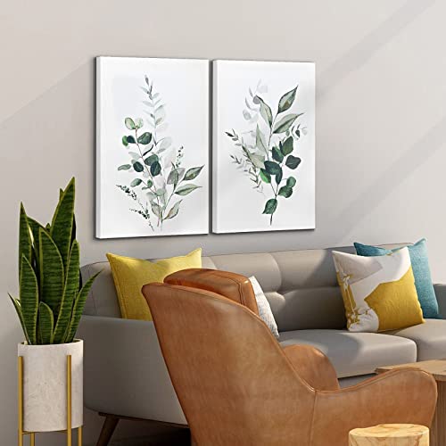 Artbyhannah Canvas Wall Art, Framed Watercolor Plant Prints Decor With Green Botanical Eucalyptus Leaf For Home Bedroom Decoration, 2 Panels 16X24 Inch #TOP3