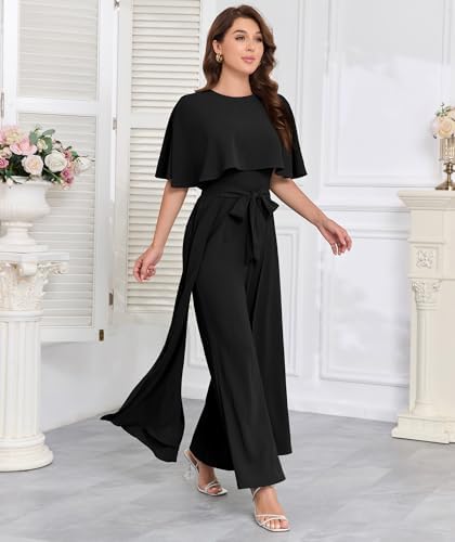 Jumpsuits for Women Dressy Casual One-Piece Outfits Elegant Formal Cape Belted Wide Leg Rompers Evening Pantsuits
