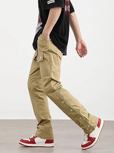 WDIRARA Men's Drawstring Waist Button Side Streetwear Long Cargo Pants with Pockets4