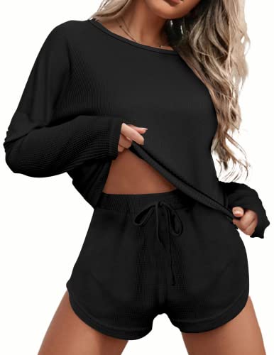 Image of Ekouaer Womens Waffle Knit Pajama Sets Long Sleeve Top and Shorts Matching Lounge Set Loungewear Sweatsuit with Pockets