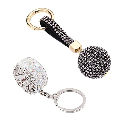 Bling Bling Crystal Keychain,MoreChioce Car Wheel Shape Keychain Rhinestone Ball Keychain Keychain Pendant Charms Key Chains Decoration Accessories for Key Handbag Purse,Black Gray