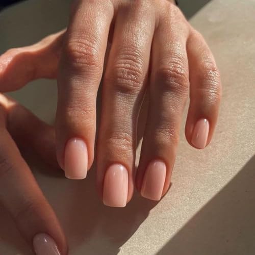 Nude Pink Press on Nails Short Square, Fake Nails Glue on Short Square Nails Press ons, Soft Gel Glue on Nails Stick on Nails for Women Thick Reusable Solid Color Acrylic Nails 24pcs