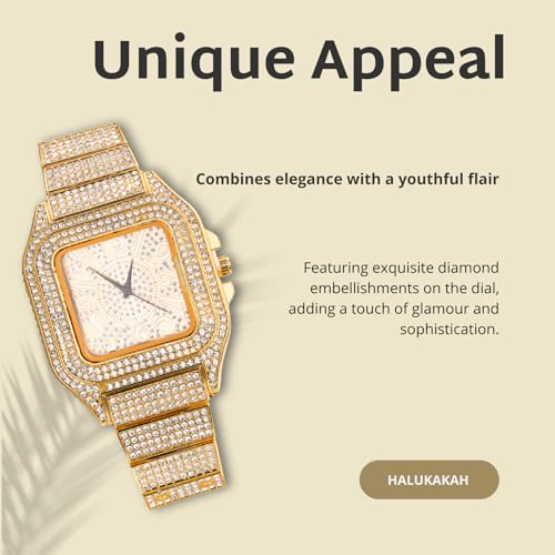 Image of Halukakah Diamonds Watch Iced Out for Boy Teens Kids - 18K Real Gold /Platinum Plated,Arabic Numerals Square Dial,Japanese Quartz - 7.3 inch Length - Optional with Cuban Link Chain - for Birthday,Parties