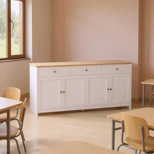 HOMYLIN Armario escolar de MDF con 3 cajones y 4 puertas, 160 cm de ancho, color blanco