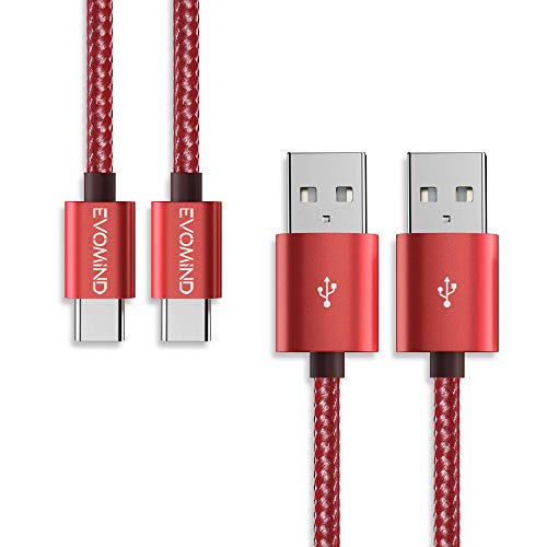 EVOMIND Cable USB Tipo C [2x2M] Carga Rápida 3A y Datos Sincro  Cable Cargador USB C Nylon Trenzado para Samsung Galaxy S10/S9/ Note 10/9, Xiaomi Redmi Note 7/ Mi 9, Huawei P30/P20, etc  2x2M Rojo