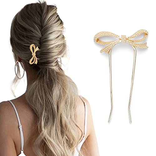 Briskaari U Shape Hair Fork Gold Updo Hair Sticks Bowknot Prong Bun Hair Pins Clips Grips Hair Styling Tool Hair Accessory Wedding Daily Party Gift for Women and Girls (Gold)
