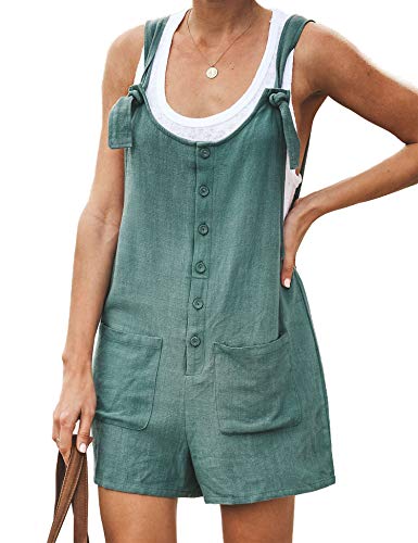 Relipop Women's Jumpsuit U-Neck Strapped Button Down Solid Color Overalls Shorts Ropmer with Pockets Dark Green