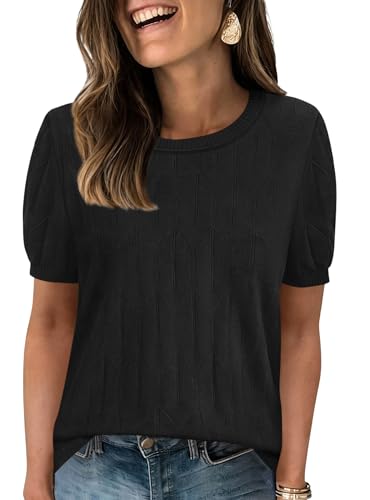 PRETTYGARDEN Women's 2026 Spring Short Sleeve Sweater Knit Going Out Tops Work Shirts Trendy Summer Business Casual Outfits (Black,Medium)