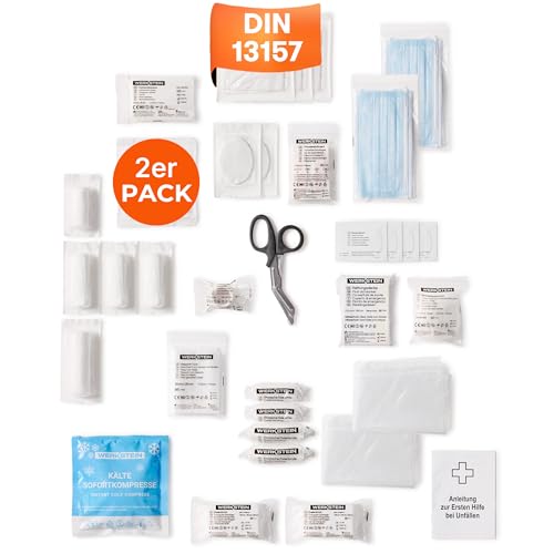 2x Erste Hilfe Nachfüllset DIN 13157:2021 inkl. Erste Hilfe Anleitung - Verbandskasten Nachfüllset DIN 13157 mit praktischen Innentaschen - DIN 13157 Nachfüllset für Betriebe - Verbandsmaterial Set
