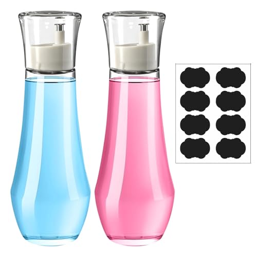 Paquete de 2 dispensadores de enjuague bucal de vidrio, botellas de líquido de baño con bomba de acero inoxidable, diseño moderno de vidrio transparente con marcas de medición