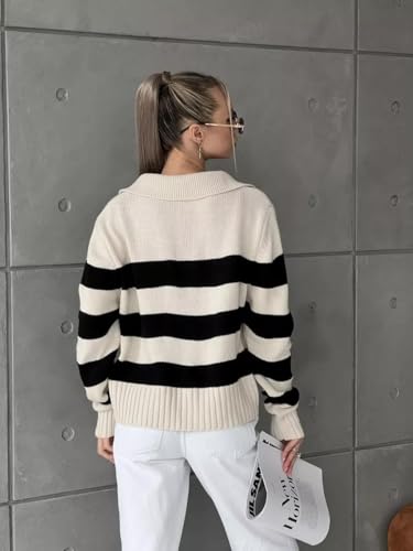 Polo V-Neck Knit Sweater Striped Color Block Loose Long Sleeve Top Casual Fashion Pullover Sweaters for Women2