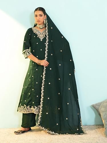 Image of Naixa Women's Vichitra Silk Embroidered A-Line Kurta with Pant and Dupatta Sets (NX-845)