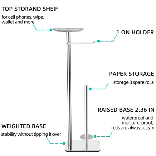 Feilern Toilet Paper Holder Stand For Bathroom Floor Standing Toilet Roll Dispenser Storages 4 Reserve Rolls, With Top Storage Shelf For Cell Phones, Wipe, Wallet And More(Chrome) #TOP1