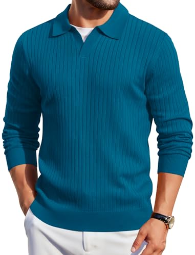 COOFANDY Men Long Sleeve Polo Sweater Blue