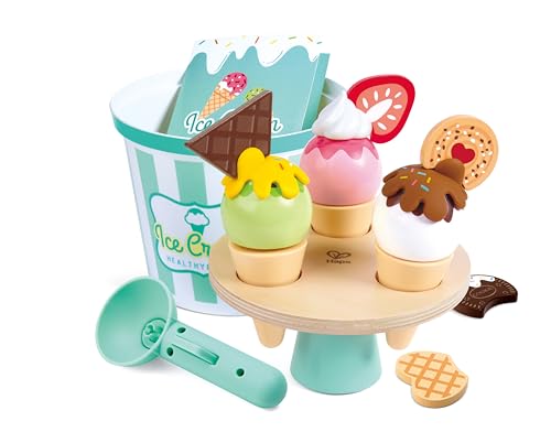 Hape Scoop & Serve Ice Cream Set – Wooden Toddler Playset with Realistic Scoop, Rotating Display, and 14 Accessories – Educational Role Play Kitchen Toy for Kids Ages 2+ by Hape - Used condition - US$30.20