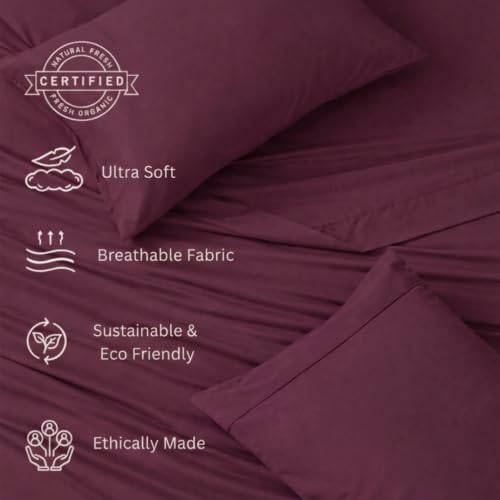 Image of LANE LINEN Organic | 100% Cotton Bedsheet Set | Soft & Breathable Fabric | 3 Piece (1 Double Bedsheet + 2 Pillow Covers) | Solid Double Bed Sheet Set | Machine Washable | Windsor Wine