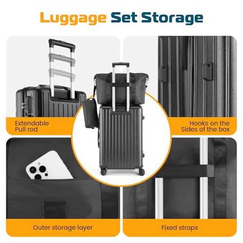 Image of Hoteel Luggage Sets 5 Piece (4-YEARS WARRANTY), ABS+PC Suitcases with Wheels and Side Hook, Hardshell 20 /24 /28 inch Luggage with Duffel Bag Travel Bag, Black