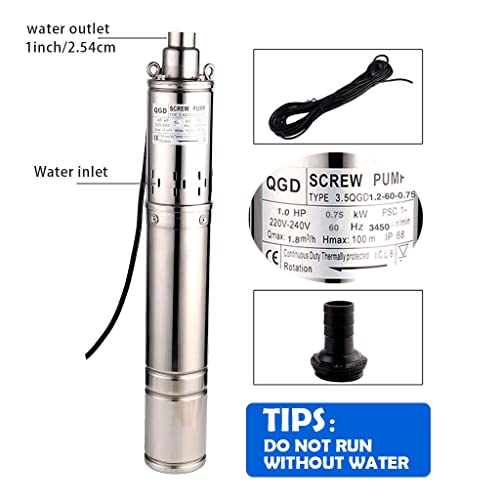 Zyiy 3.5 Inch Deep Well Pump Submersible Screw Pump 220-240V/60Hz 0.75Kw 1Hp Water Pump Max. Head 100M/328Ft Flow 8Gpm 90Mm Tube Stainless Steel Well Pump For Home And Industrial Garden Agricultural #TOP1