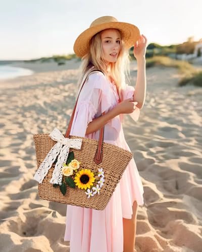 Bolso de paja tejido para mujer miniatura 2