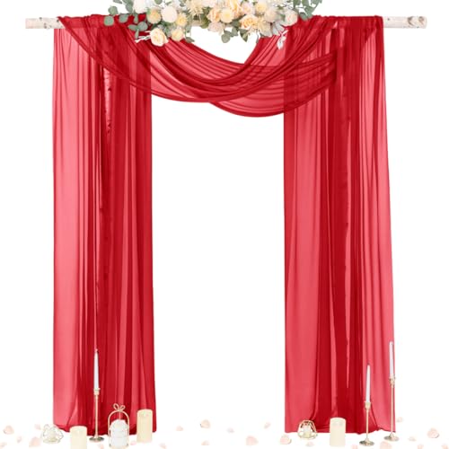 Image of Socomi Red Sheer Wedding Arch Draping Fabric 29 inch x 20Ft 2 Panels Outdoor Curtain Drapes Extra Long for Bridal Baby Shower Ceremony Birthday Party Decor