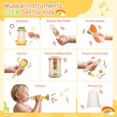 Pajojoqa 7pcs Musical Instruments Set 18M+ Montessori Toys 2 3 4 Neutral Colors Wooden Toys for Toddlers 3-5 Percussion Instruments Modern Boho Xylophone Sensory Gifts Boys Girls - image 2