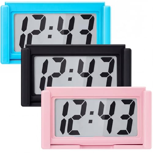 Image of Frienda 3 Pieces Mini Digital Clock Small Digital Clock Stick on Battery Operated Self Adhesive Bracket for Car Dashboard Fridge (Blue,Black,Pink)
