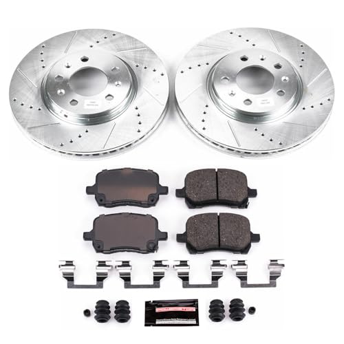 Image of PowerStop Front Brake Kit for Pontiac Solstice 2006-09 | Saturn Sky 2007-10 - Drilled and Slotted Disc Rotors with Carbon-Fiber Ceramic Brake Pads Replacement, K1433