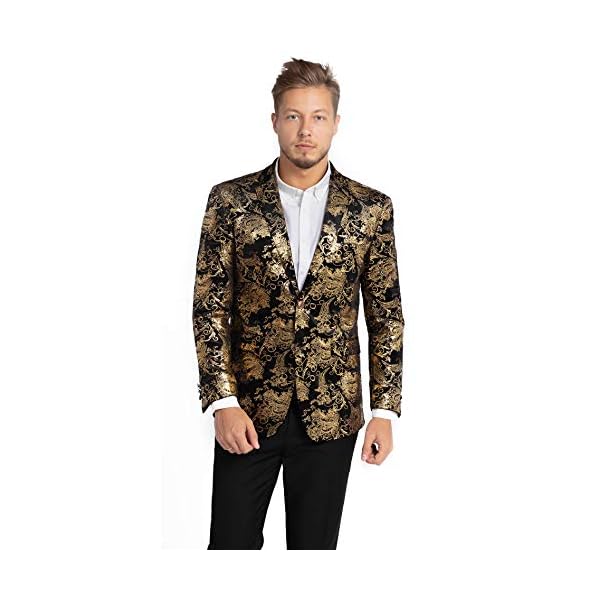 WULFUL Men's Luxury Casual Dress Floral Suit Notched Lapel Slim Fit Stylish Blazer Jacket Party Coats…, Gold, Large - Image 5