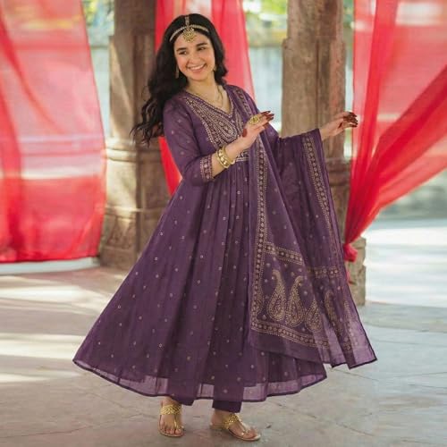 Image of GoSriKi Rust Anarkali Kurta Set for Women with Dupatta | Cotton Kurti Set for Woman | Embroidered Anarkali Suit for Women Kurti Pant Set with Dupatta | Suit Set for Women Latest