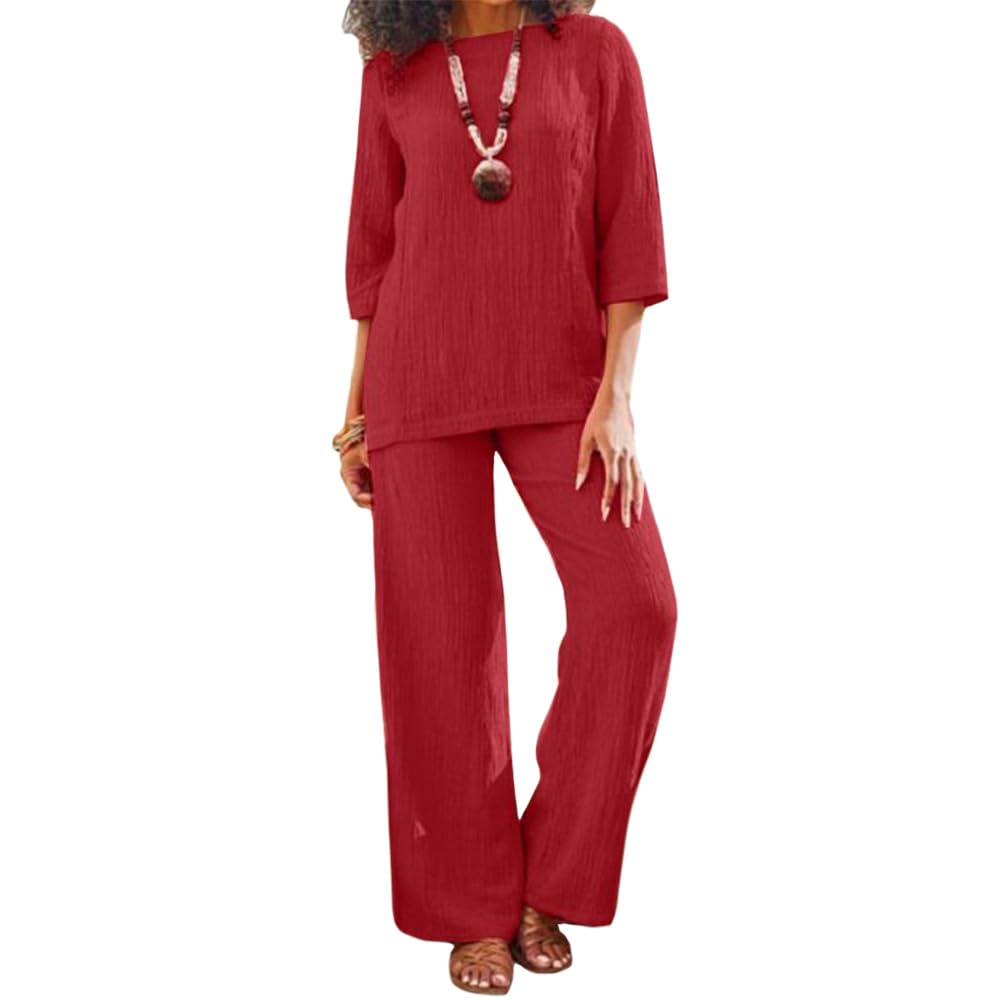 Blue Linen Two-Piece Pants Suit Casual Long Sleeve Womens Pantsuit