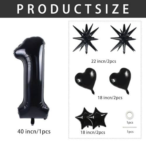 Image of TONIFUL 1st Birthday Balloons Kit 40 Inch Black Large Number 1 Foil Balloon