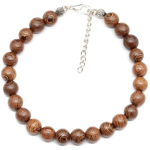 ElisaJewelryArt - Natural Sandalwood Beaded Anklet Genuine Gemstone Meditation Crystal Clasp With Extender Chain Anklet Unisex Anklet (9.5, Wooden)