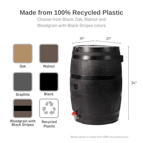 Image of RTS Home Accents 50-Gallon ECO Rain Barrel Made with 100% Recycled Plastic, Flat Back Rain Water Collection Barrel, Soaker Hose Included, Black