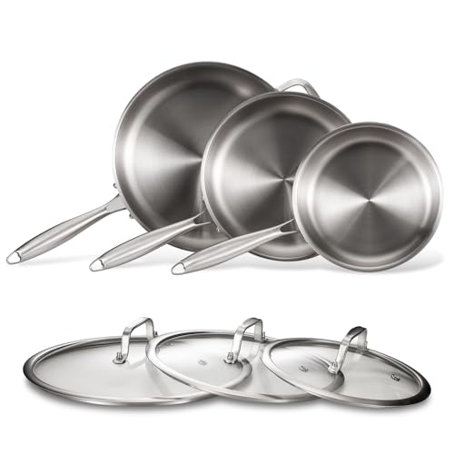 MOUTIUS Juego de sartenes de acero inoxidable de tres capas, sin PFOA y PTFE, juego de sartenes de acero inoxidable con tapa para la cocina, juegos de utensilios de cocina compatibles con inducción