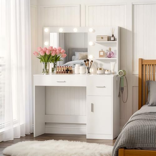 Image of YESHOMY 35.4 inch Vanity Desk with Mirror & Lights, Power Outlet,Fresh White